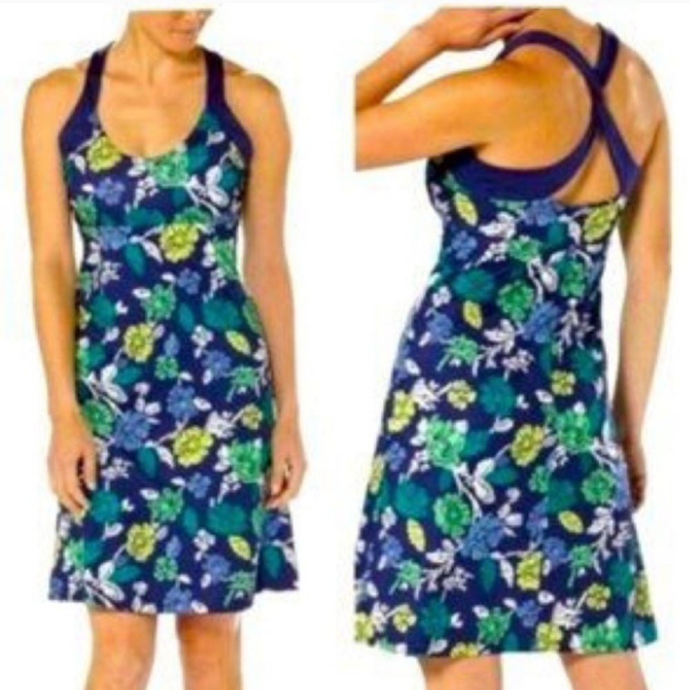 Patagonia Morning Glory Dress Wilderness Blue Green Floral Shelf Bra Womens Sz L